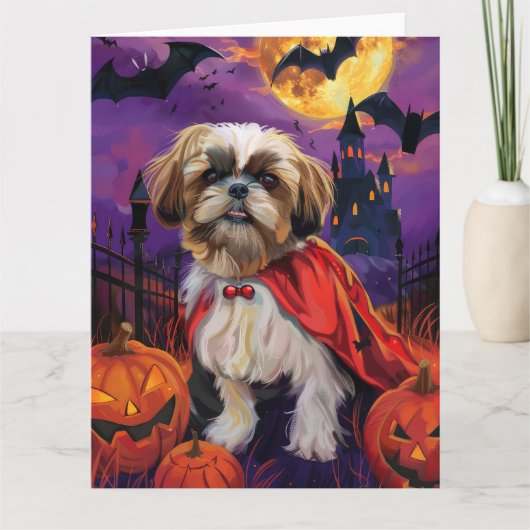 Carte Halloween Shih Tzu Vampire Citrouilles effroi (Devant)