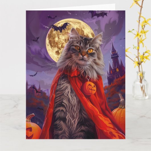 Carte Halloween Sibérie Chat Vampire Citrouilles effroi (Fleur jaune)