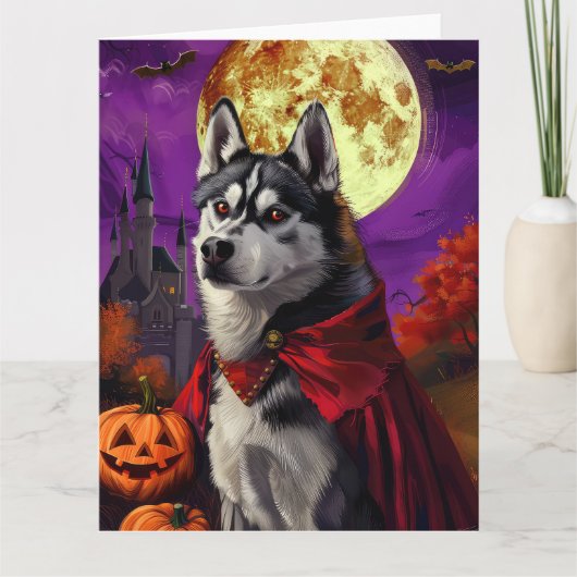 Carte Halloween Sibérie Husky Vampire Citrouilles effroi (Devant)