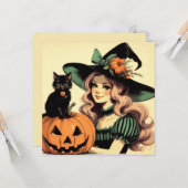 Carte Halloween sorcière avec chat noir et Jack-o-lanter (Devant/Arrière en situation)