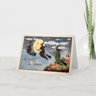Carte Halloween sorcières balai vintage