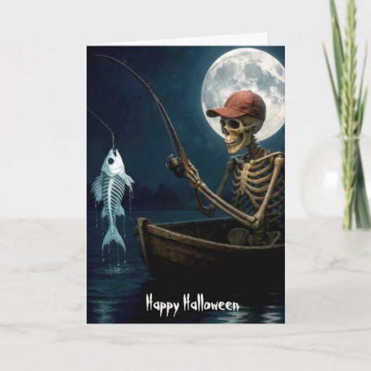 Carte Halloween Squelette pêche dans un bateau en bois (Devant)
