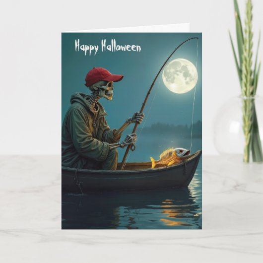 Carte Halloween Squelette pêche dans un bateau en bois (Devant)