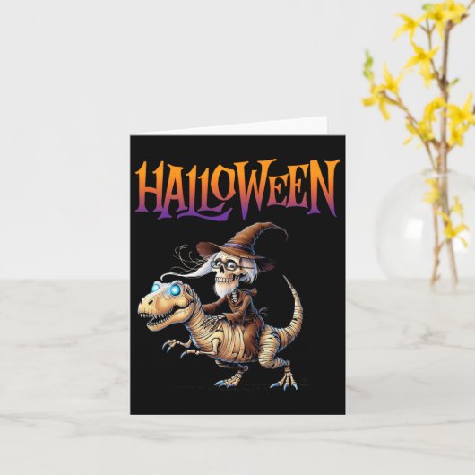 Carte Halloween T-rex Skeleton Ride (Fleur jaune)
