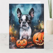 Carte Halloween Terrier de Boston avec citrouilles effra (Devant)