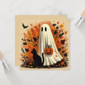 Carte Halloween Tour ou Traitement Fantôme et Chat Noir  (Devant/Arrière en situation)