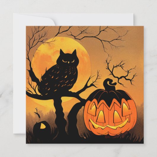 Carte Halloween. Un hibou dans un arbre avec une citroui (Devant)
