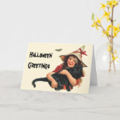 Carte Halloween vintage, sorcière avec chat noir (Fleur jaune)