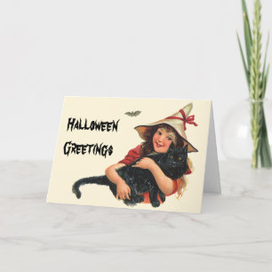 Carte Halloween vintage, sorcière avec chat noir
