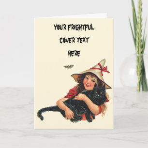 Carte Halloween vintage, sorcière fille avec chat noir