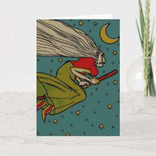 Carte Halloween vintage, sorcière maléfique voler sur le
