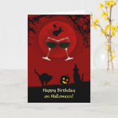 Carte Halloween Wine Witch Chats et Citrouille (Fleur jaune)