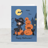 Carte Halloween Witch, Chat noir et Citrouille (Devant)