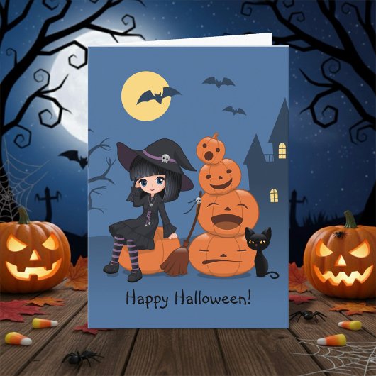 Carte Halloween Witch, Chat noir et Citrouille