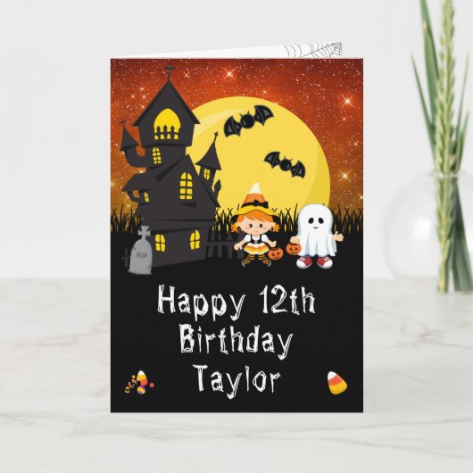 Carte Halloween Witch Ghost Orange Joyeux anniversaire (Devant)