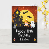 Carte Halloween Witch Ghost Orange Joyeux anniversaire (Fleur jaune)