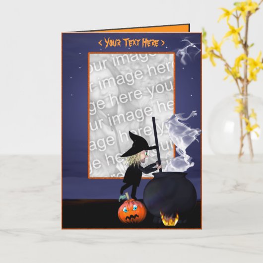 Carte Halloween Witch Stirring Cauldron (cadre photo) (Fleur jaune)