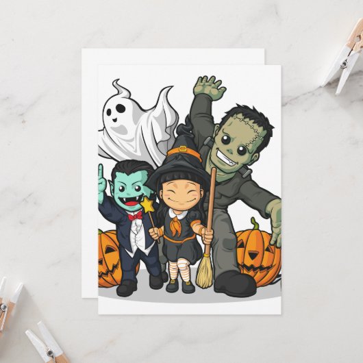 Carte Halloween Witch, Vampire, Frankenstein & Ghost (Devant/Arrière en situation)