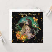 Carte Halloween witch with black kitten greeting card (Devant/Arrière en situation)