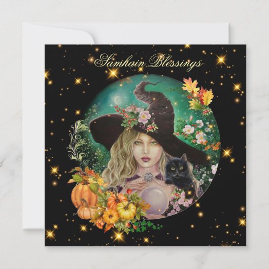 Carte Halloween witch with black kitten greeting card (Devant)
