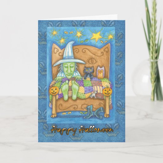 Carte Halloween Wtich au lit avec chat et hibou (Devant)
