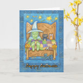 Carte Halloween Wtich au lit avec chat et hibou (Fleur jaune)