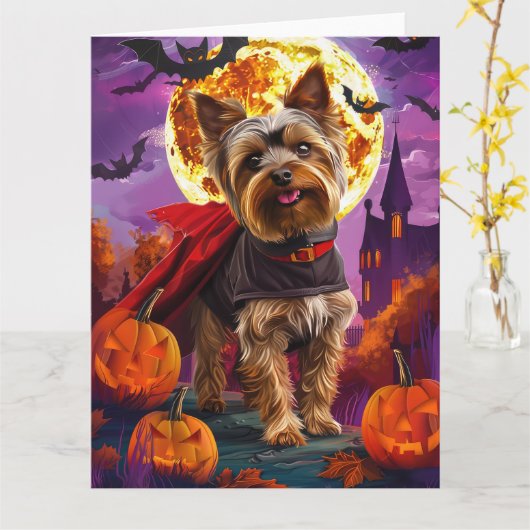 Carte Halloween Yorkshire Terrier Vampire Citrouilles pe (Fleur jaune)
