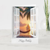 Carte Hamac Anniversaire Avec Vue Océanique Dans La Fenê (Devant)