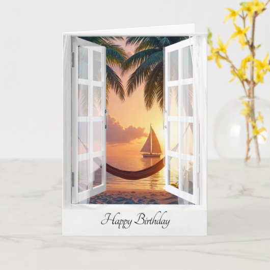 Carte Hamac Anniversaire Avec Vue Océanique Dans La Fenê (Fleur jaune)