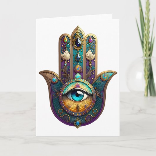 Carte Hamsa Violet Turquoise avec Troisième Œil Sarcelle (Devant)