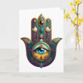 Carte Hamsa Violet Turquoise avec Troisième Œil Sarcelle (Fleur jaune)