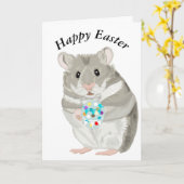 Carte Hamster gris mignon tenant un oeuf de Pâques modif (Fleur jaune)