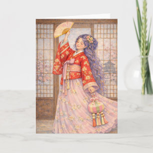 Carte Hanbok Élégant avec Éventail