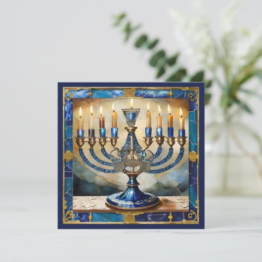 Carte Hanoukka bleue Menorah (Debout devant)