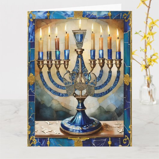 Carte Hanoukka bleue Menorah (Fleur jaune)
