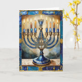 Carte Hanoukka bleue Menorah (Fleur jaune)