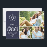 Carte Hanoukka Collage Photo Famille<br><div class="desc">Le design carte photo de vacances Hanoukka moderne mignon dispose d'un collage photo avec espace pour trois de vos photos de famille avec une étoile de David et des détails esquissés pour une sensation artisanale. La typographie de l'écriture manuscrite dit : "Je vous souhaite une Hanoukka heureuse". Personnalisez le design...</div>