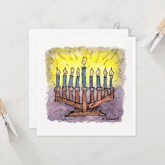 Carte Hanoukka d'aquarelle Menorah (Devant/Arrière en situation)