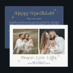 Carte Hanoukka Gold Navy Menorah Peace Love<br><div class="desc">Cette carte Hanoukka est dotée d'une police serif unique "peace love light" avec des couleurs modifiables,  deux photos carrés et d'élégantes étoiles dorées. Modifiez facilement le texte *most* et changez les couleurs pour mieux répondre à vos besoins.</div>