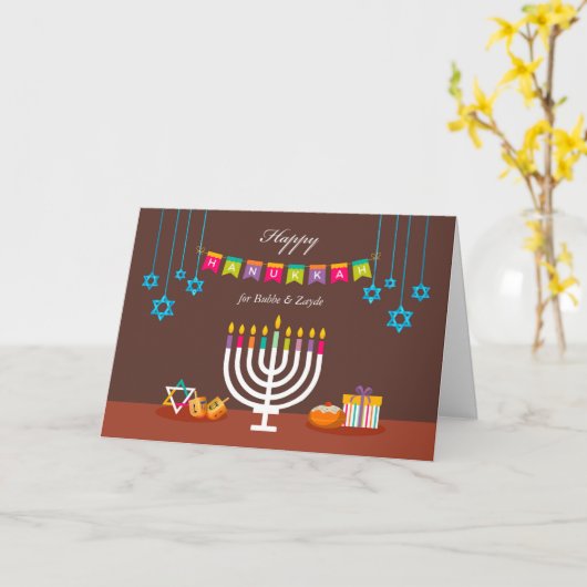 Carte Hanoukka heureuse pour Bubbe & Zayde, Menorah colo (Fleur jaune)