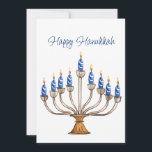 Carte Hanoukka Menorah avec des bougies bleues, blanches<br><div class="desc">Ménorah aquarelle avec bougies bleues et blanches. On peut changer les salutations et les sentiments heureux des Hanoukka à l'envers. L'IA a aidé graphisme acheté à des fins commerciales. Oeuvre : CosmicMeta</div>