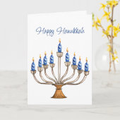 Carte Hanoukka Menorah avec des bougies bleues, blanches (Fleur jaune)