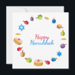 Carte Hanoukka moderne heureux Dreidel Star Sufganiyah<br><div class="desc">Ce design de vacances présente le texte "Happy Hanoukka" dans la typographie moderne rouge et bleu entourée de dreidels,  pièces d'or,  étoiles et sufganiyah. #hanoukka #chanukah #vacances #saisonnière #fête #moderne #dreidel #star #pièce #or #starofdavid #design #cartes de graphiste #voeux #cartes de voeux #cartes de voeux #papier à lettres</div>