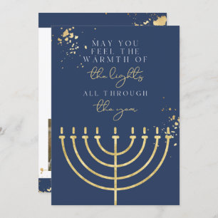 Carte Hanoukka Navy Blue Gold Foil Menorah