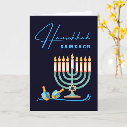 Carte Hanoukka Sameach Menorah et Dreidels (Fleur jaune)