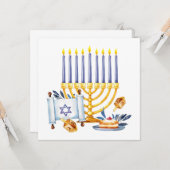 Carte Hanukkah Menorah with Candles and Traditional Item (Devant/Arrière en situation)
