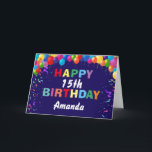 Carte Happy 15th Birthday Colorful Balloons Navy Blue<br><div class="desc">Happy 15th Birthday Colorful Balloons Confetti Navy Blue Card with personalized name. For further customization,  please click the "Customize it" button and use our design tool to modify this template.</div>