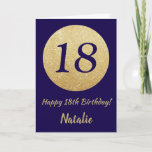 Carte Happy 18e Birthday Navy Blue and Gold Glitter<br><div class="desc">Happy 18e Birthday Navy Blue and Gold Glitter Card with personalized name For further customization,  please click the "Customize it" button and use our design tool to modify this template.</div>