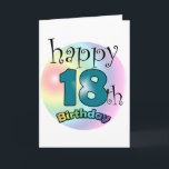 Carte Happy 18th Birthday<br><div class="desc">Gelukkige 18e verjaardag kaart.  Leuk als cadeau voor iemand die achttien is geworden.  Regenboog kleuren. 18 is in een blauwe kleur. Personaliseren door de naam te veranderen aan de binnenkant.</div>