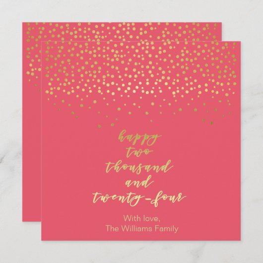 Carte Happy 2024 - Raspberry & Gold Script & Confetti (Devant / Derrière)